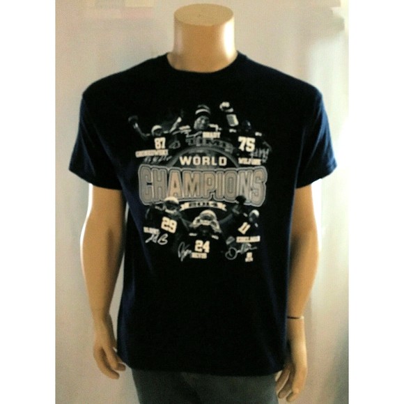 NFL Patriots 4 Time World Champions 2014 T Shirt Adult L Brady Wilfork Navy Blue - Picture 1 of 5